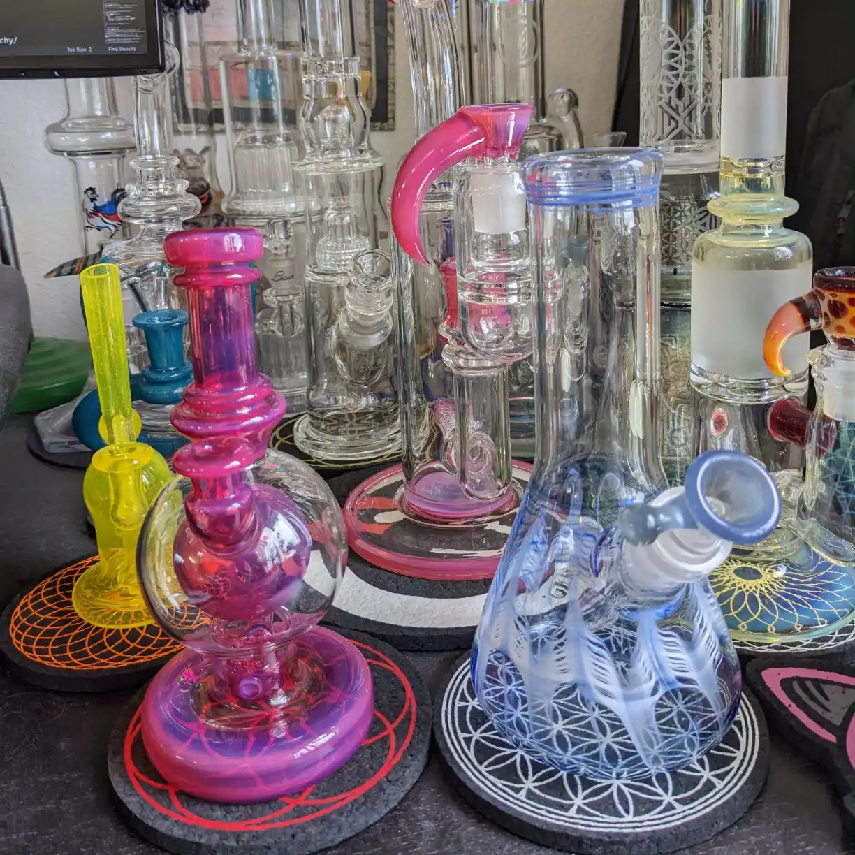 A nice array of clean glass bongs